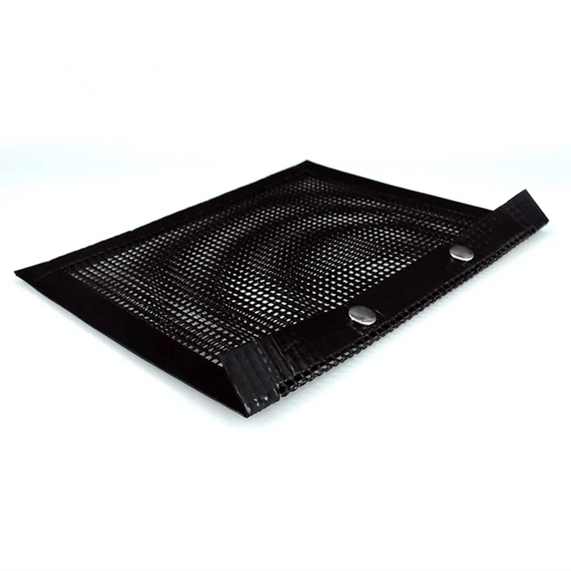 Black mesh pouch with an open snap-fastened edge