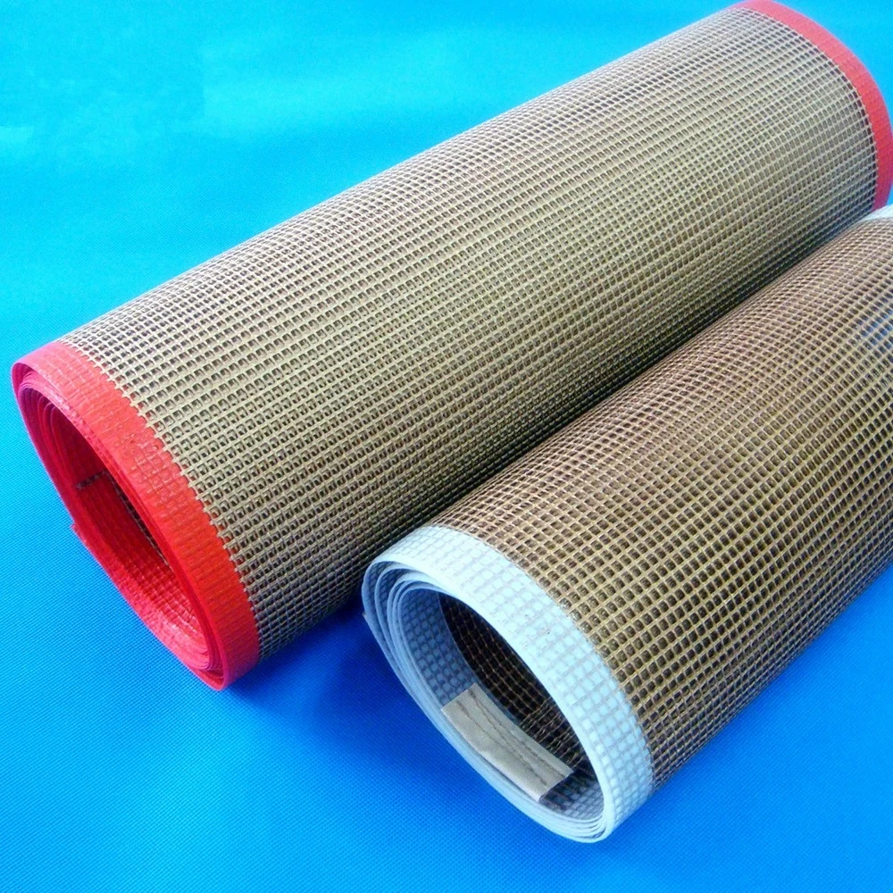 Two PTFE mesh belts with red and white edge reinforcement