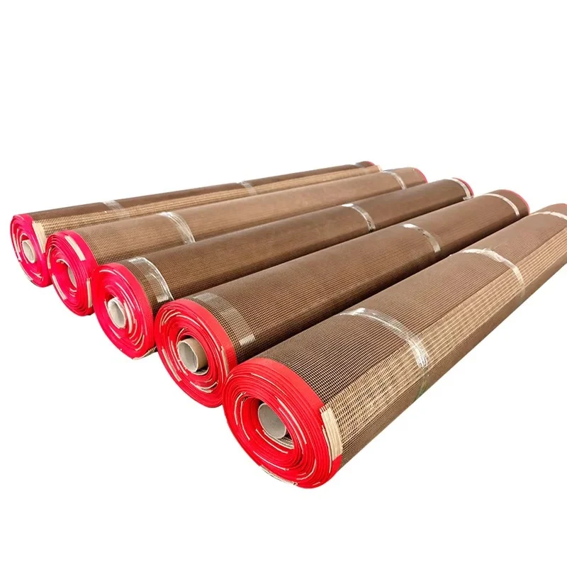 Fabricated brown mesh belts rolled with red reinforced edges