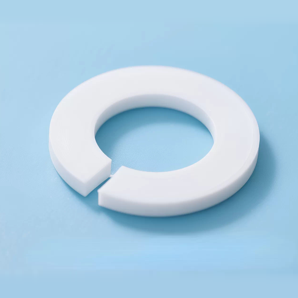 White PTFE split flat washer on blue with a visible installation cut